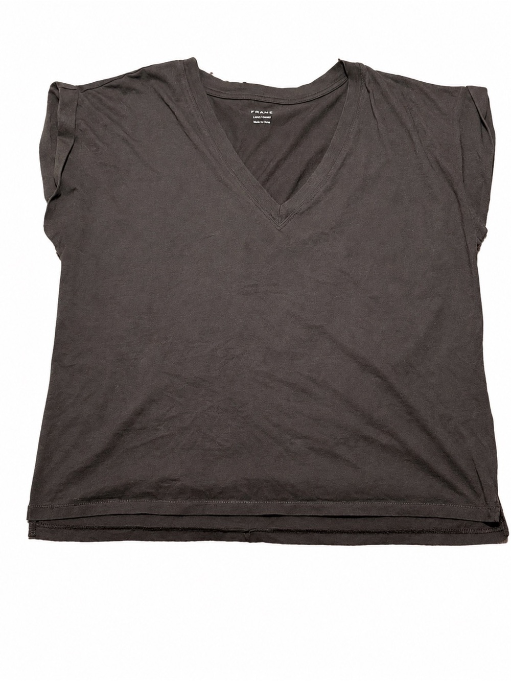 FRAME Chocolate Brown V-Neck Cap Sleeve Cotton Tee Top Large